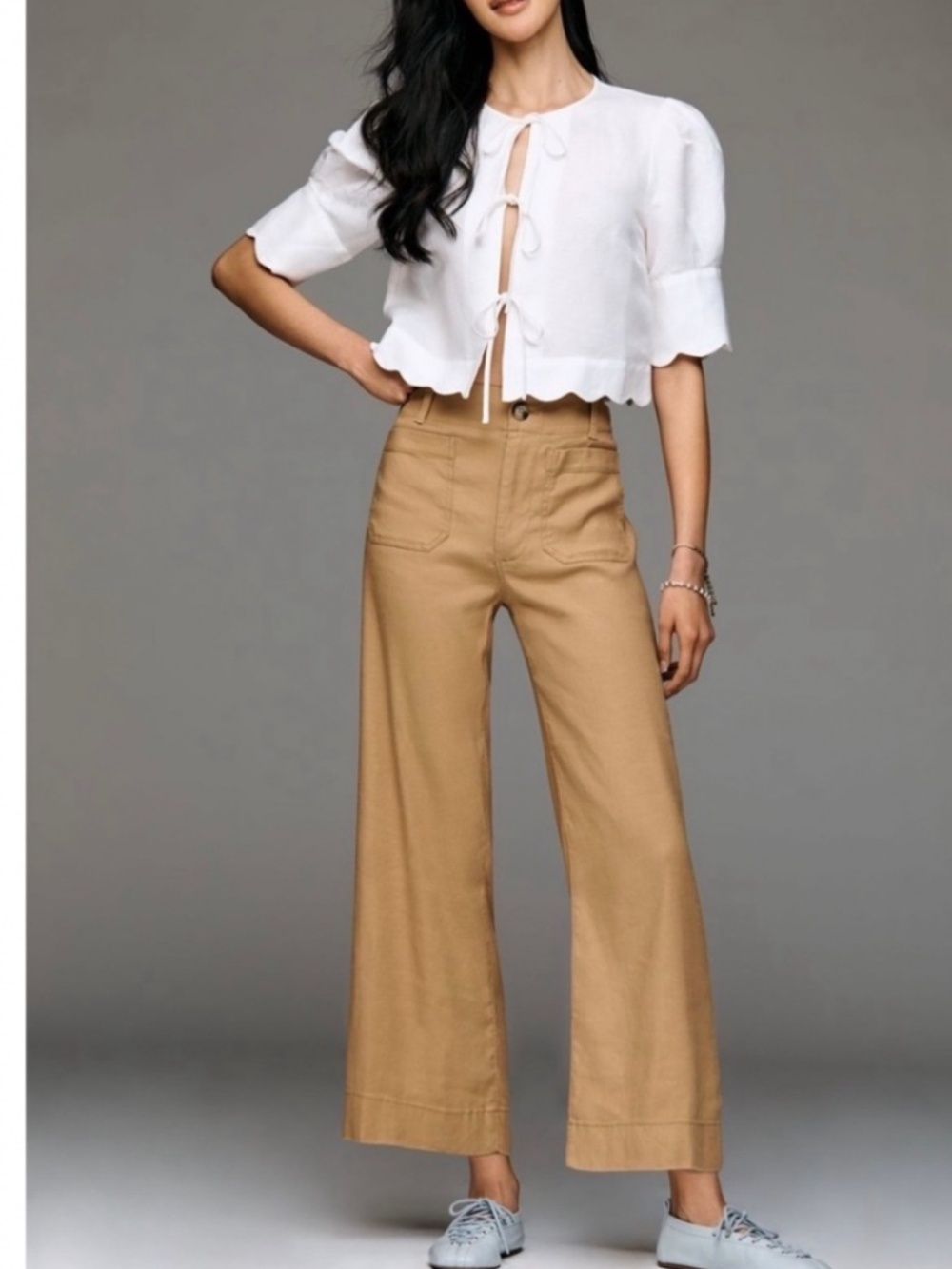 Maeve Colette Linen Stretch High Rise Wide Leg Pants Khaki Size 30